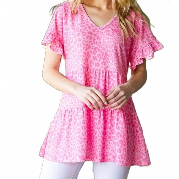 NEW HEIMISH USA leopard tiered short sleeve top in pink - Picture 6 of 6